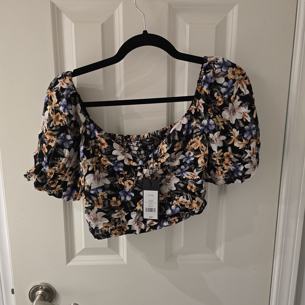 Dynamite Floral Puff Sleeve Blouse - Black, Orange, White